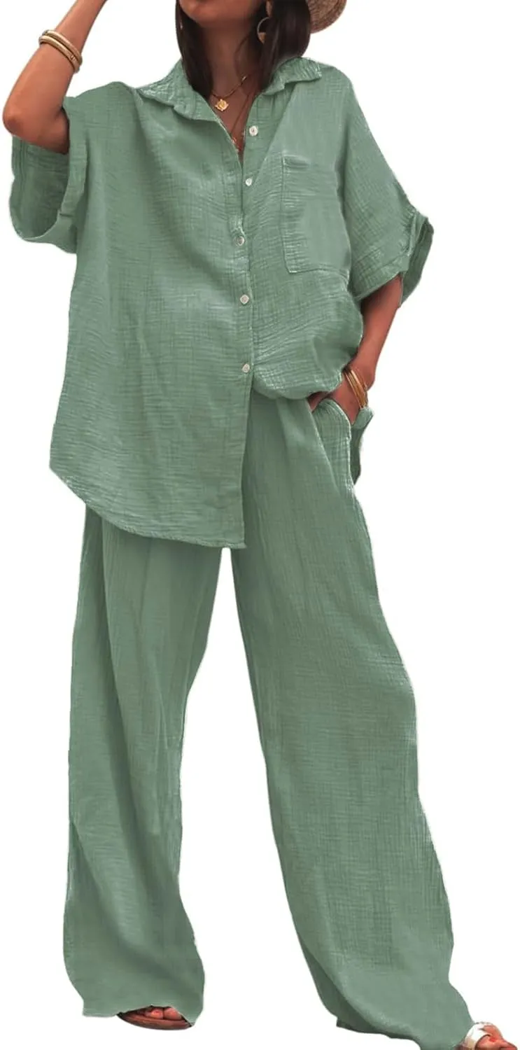 Canbebig Linen Set for Women Oversized Button Down Short Sleeve Blouses and Wide Leg Pants Sets Casual Loose Pants Suits