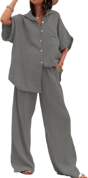 Canbebig Linen Set for Women Oversized Button Down Short Sleeve Blouses and Wide Leg Pants Sets Casual Loose Pants Suits