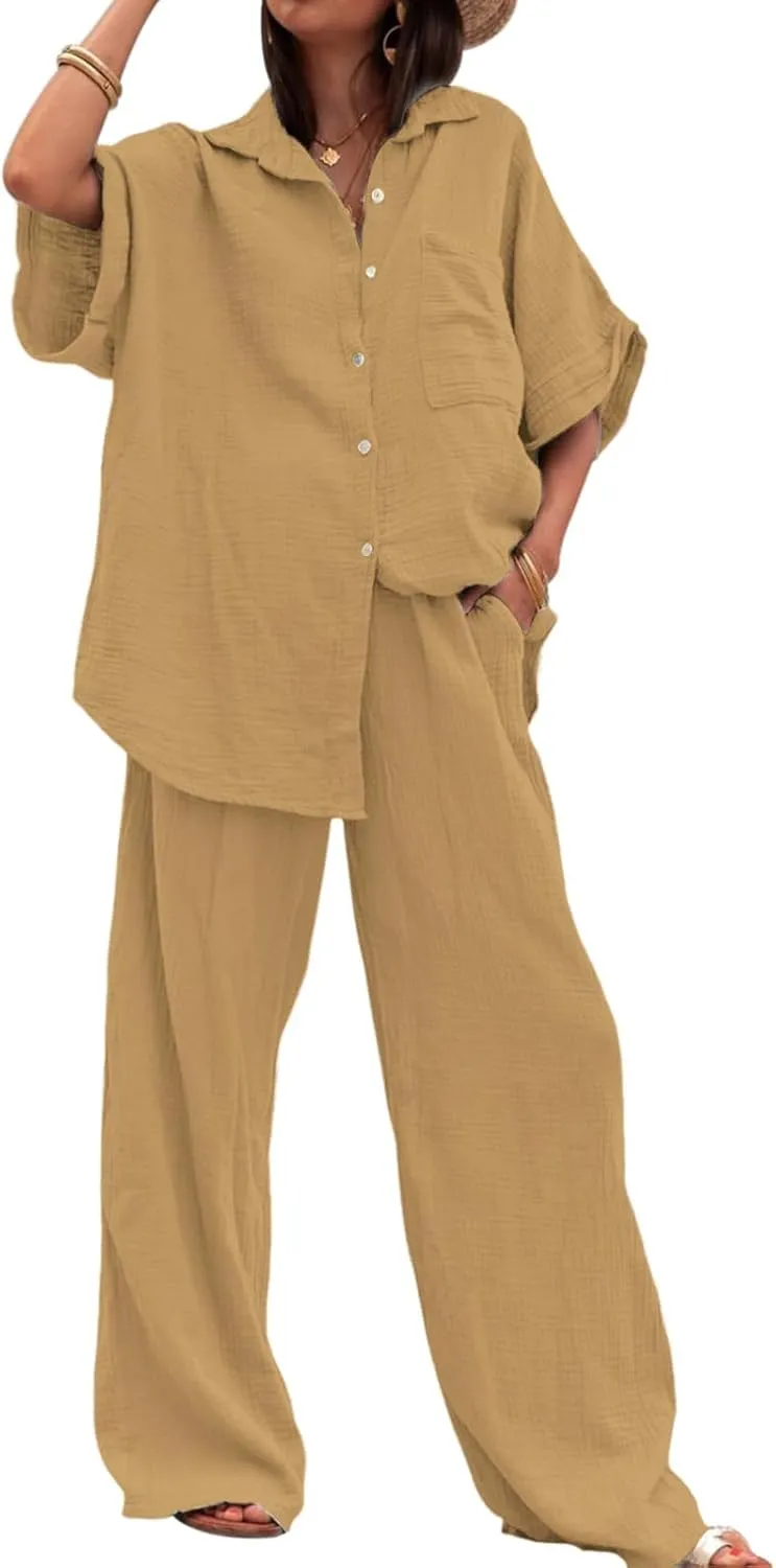 Canbebig Linen Set for Women Oversized Button Down Short Sleeve Blouses and Wide Leg Pants Sets Casual Loose Pants Suits