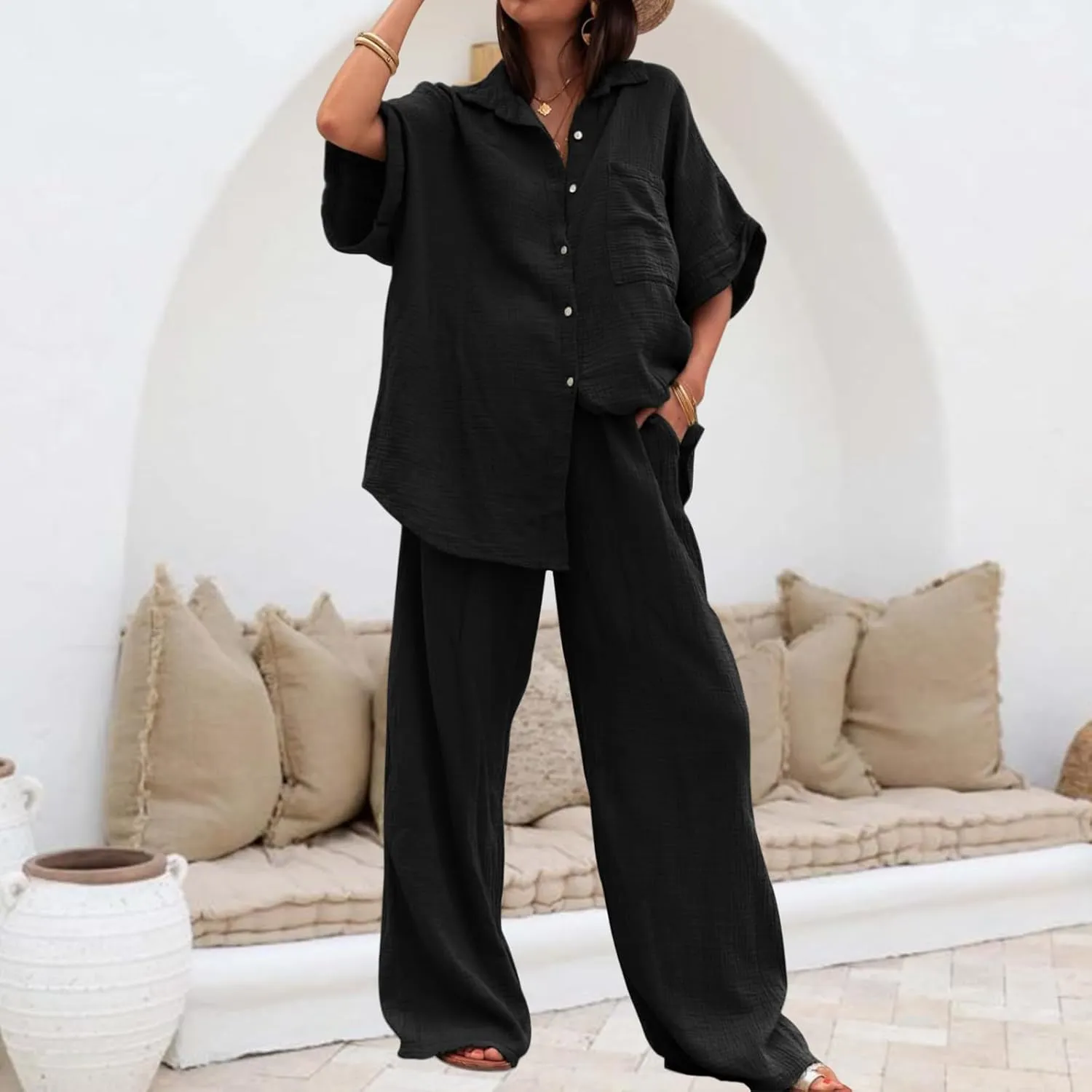 Canbebig Linen Set for Women Oversized Button Down Short Sleeve Blouses and Wide Leg Pants Sets Casual Loose Pants Suits