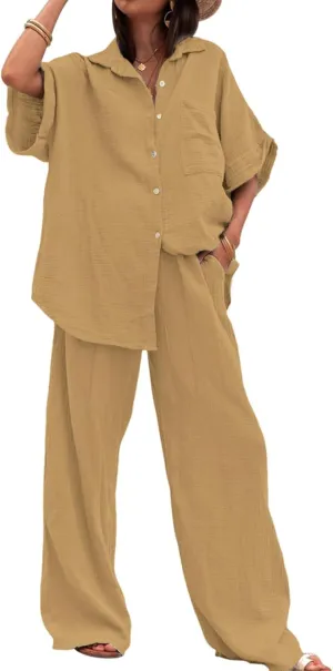 Canbebig Linen Set for Women Oversized Button Down Short Sleeve Blouses and Wide Leg Pants Sets Casual Loose Pants Suits