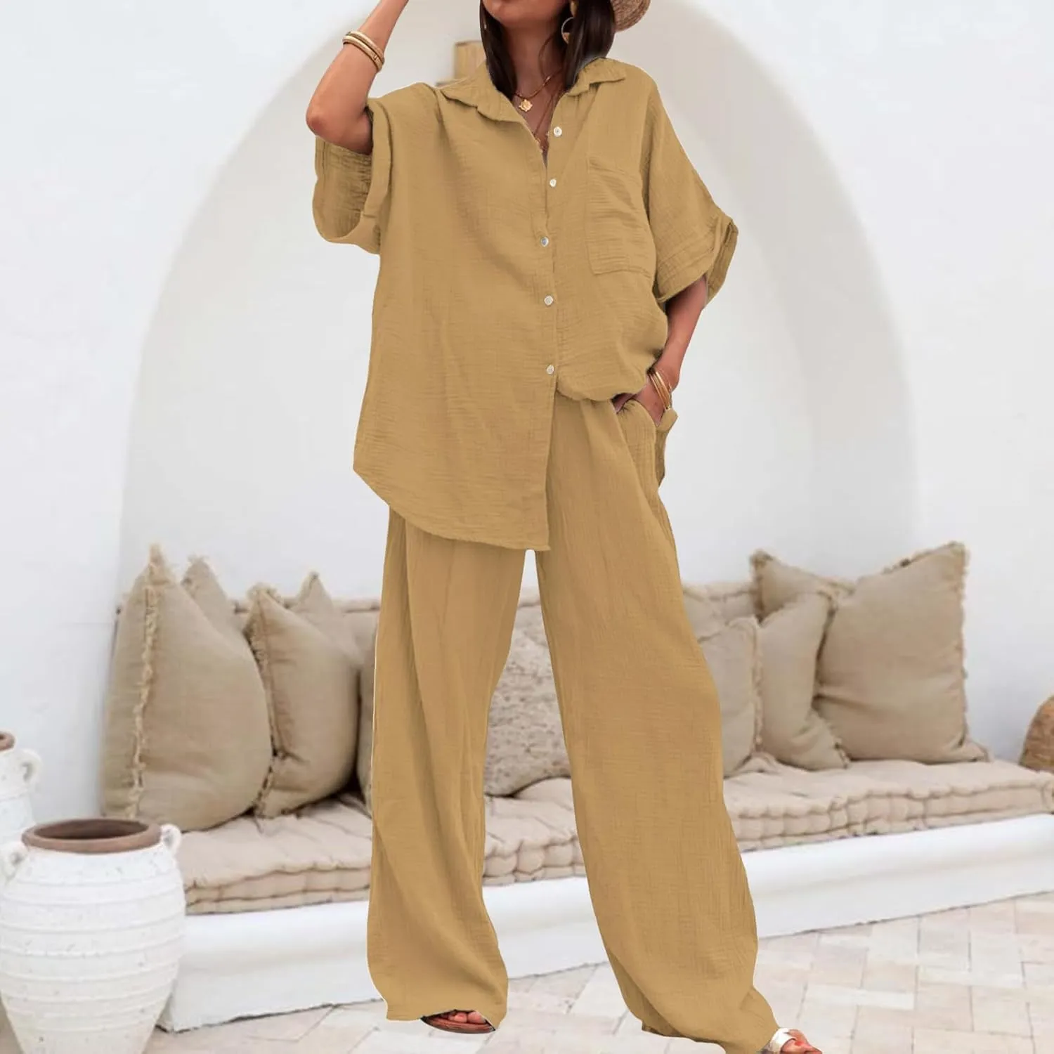 Canbebig Linen Set for Women Oversized Button Down Short Sleeve Blouses and Wide Leg Pants Sets Casual Loose Pants Suits