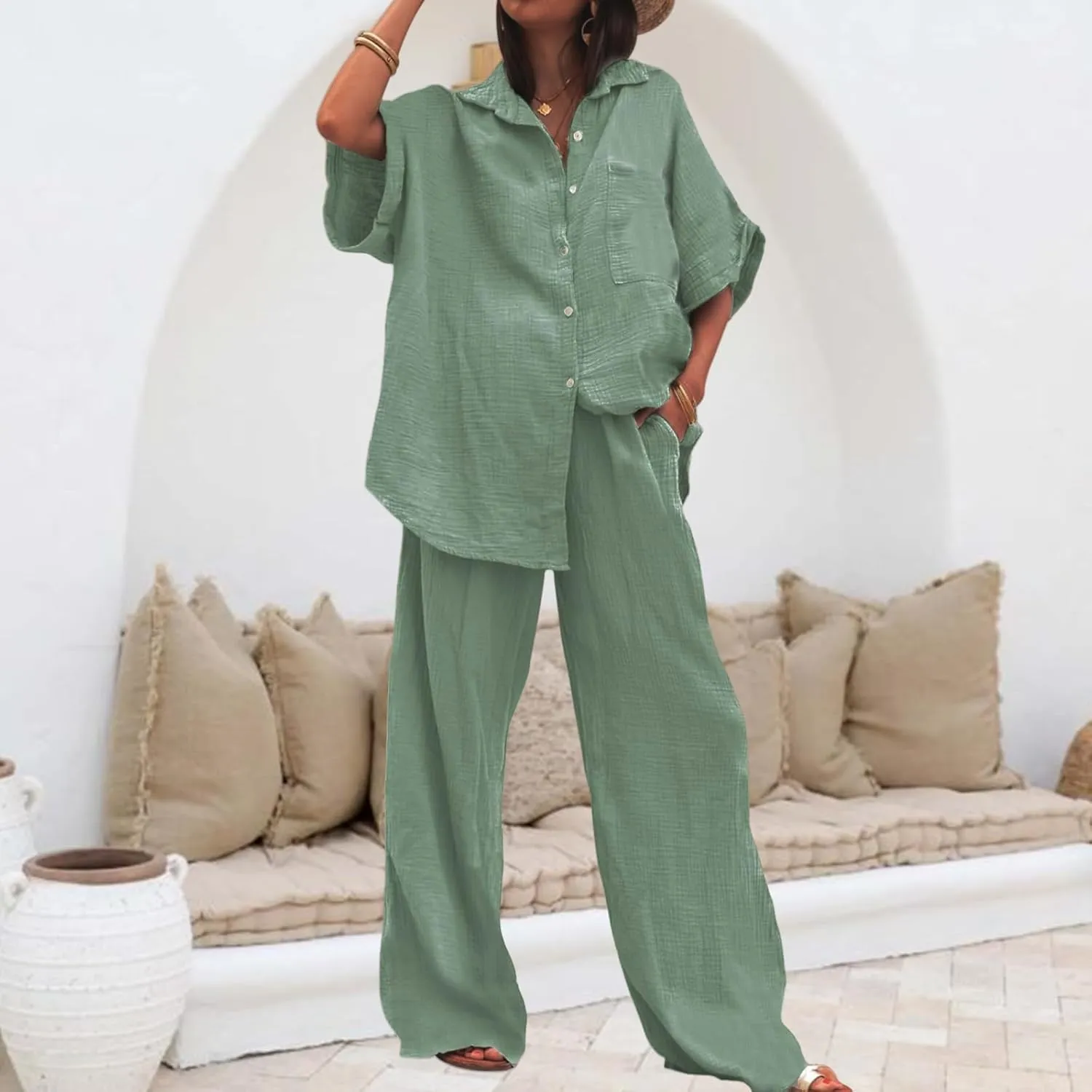 Canbebig Linen Set for Women Oversized Button Down Short Sleeve Blouses and Wide Leg Pants Sets Casual Loose Pants Suits