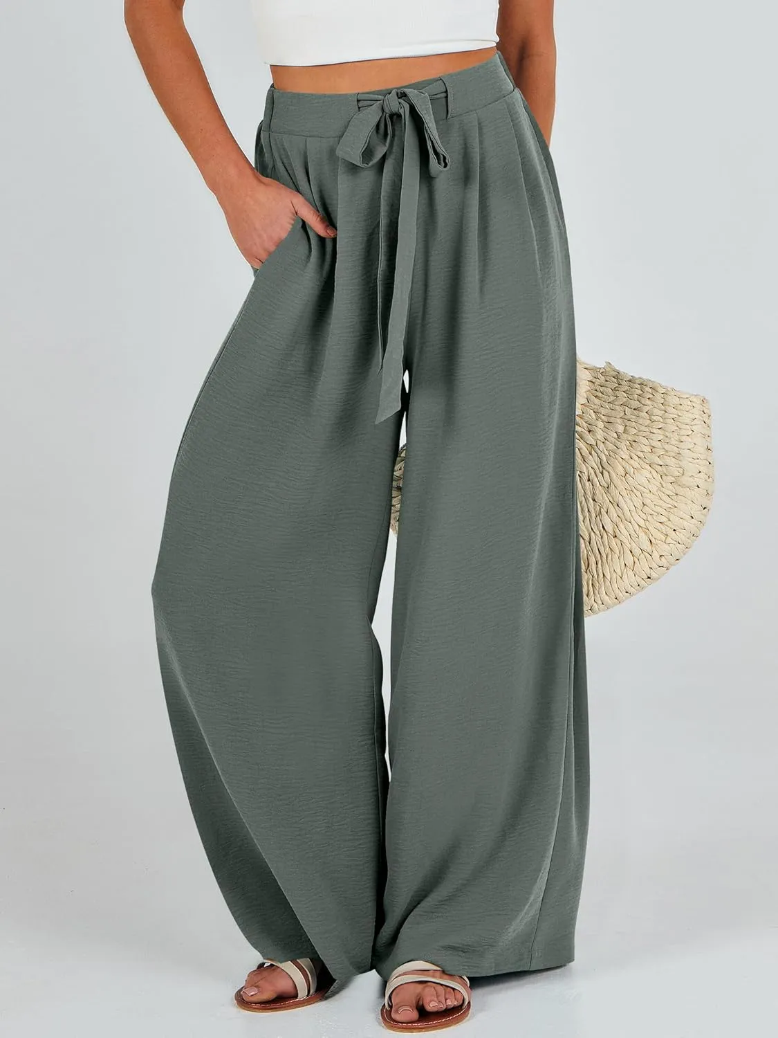 Caracilia Women Wide Leg Palazzo Pants Summer High Waist Flowy Casual Trousers Loose Lounge Beach Travel Vacation Clothes
