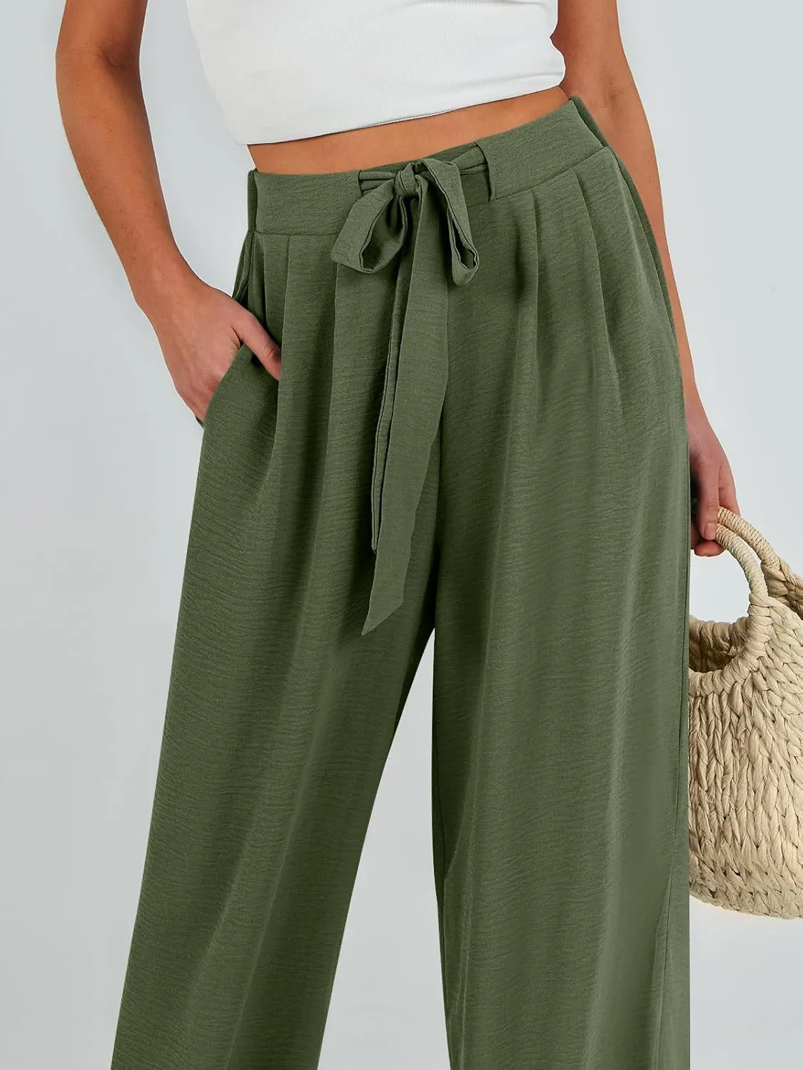 Caracilia Women Wide Leg Palazzo Pants Summer High Waist Flowy Casual Trousers Loose Lounge Beach Travel Vacation Clothes