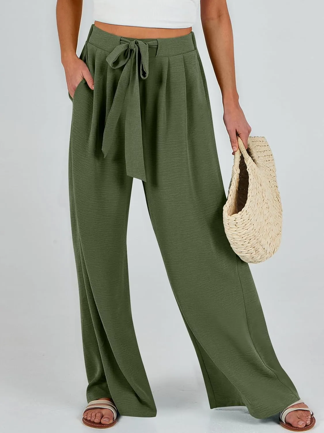 Caracilia Women Wide Leg Palazzo Pants Summer High Waist Flowy Casual Trousers Loose Lounge Beach Travel Vacation Clothes