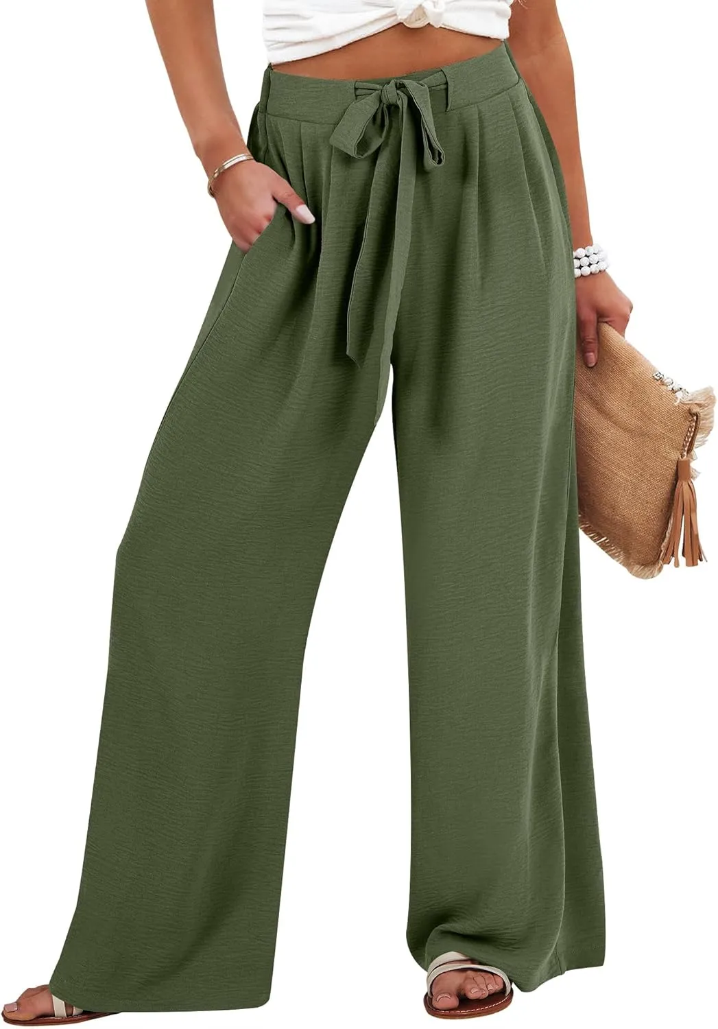Caracilia Women Wide Leg Palazzo Pants Summer High Waist Flowy Casual Trousers Loose Lounge Beach Travel Vacation Clothes