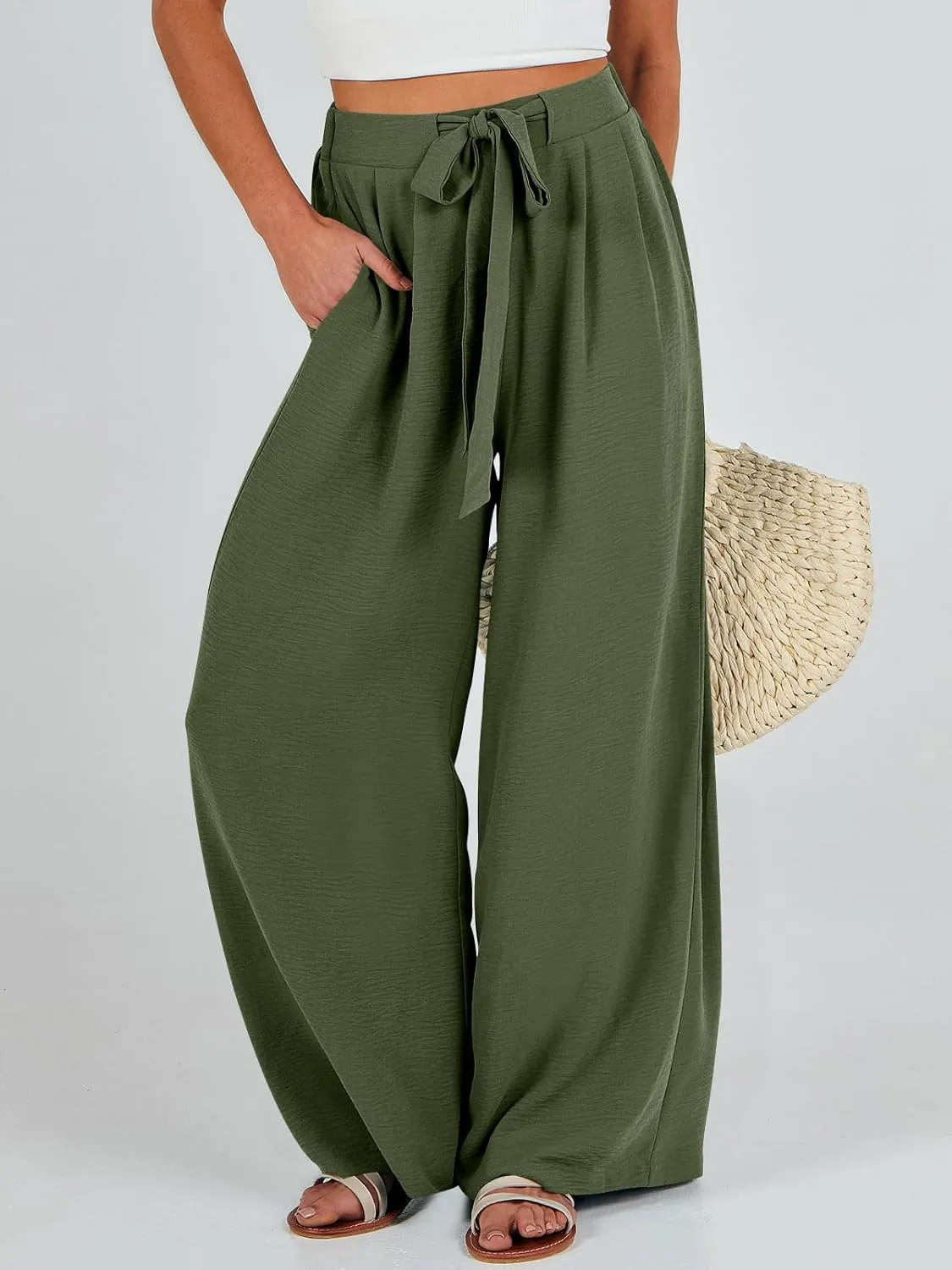 Caracilia Women Wide Leg Palazzo Pants Summer High Waist Flowy Casual Trousers Loose Lounge Beach Travel Vacation Clothes