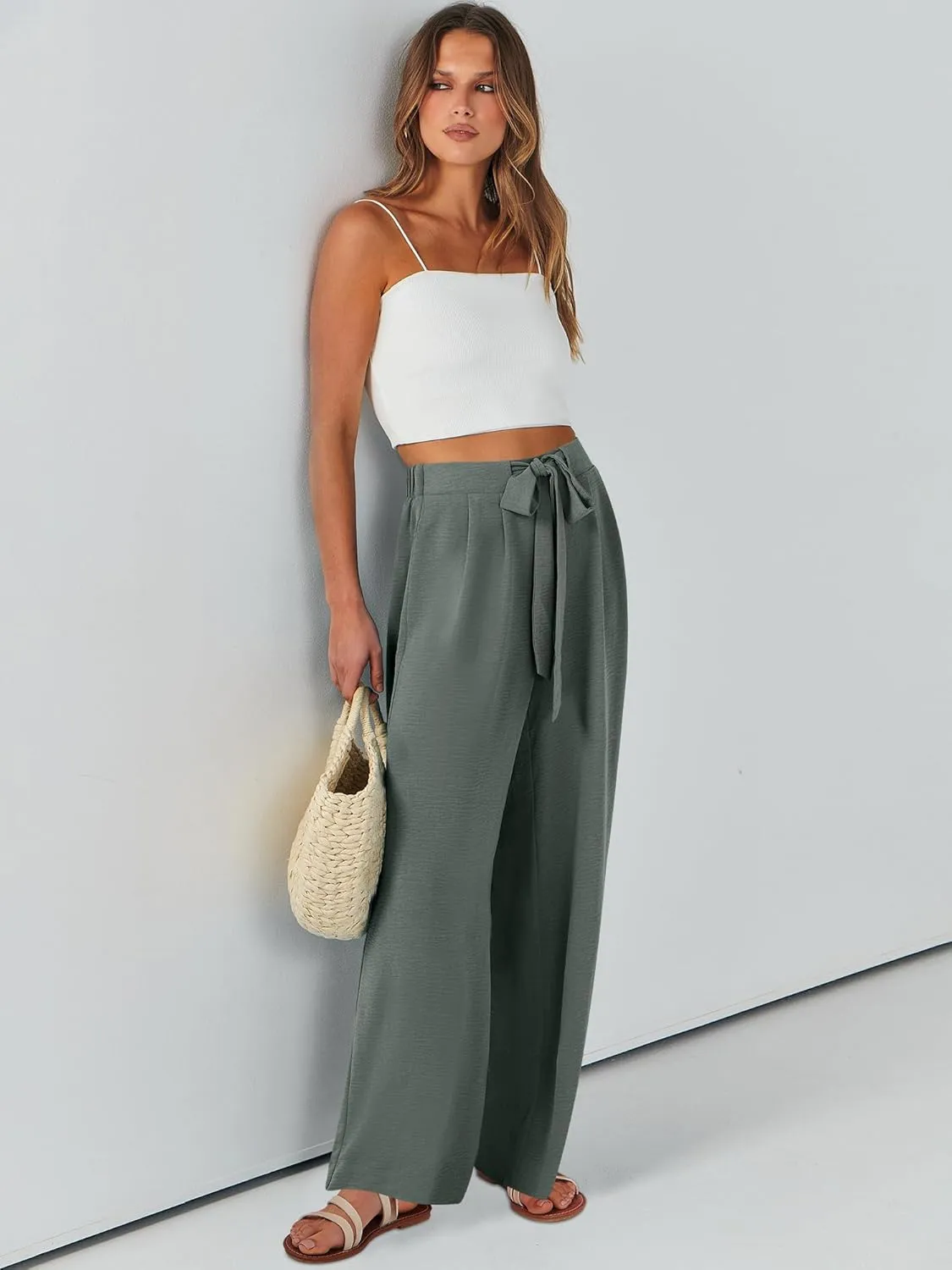 Caracilia Women Wide Leg Palazzo Pants Summer High Waist Flowy Casual Trousers Loose Lounge Beach Travel Vacation Clothes