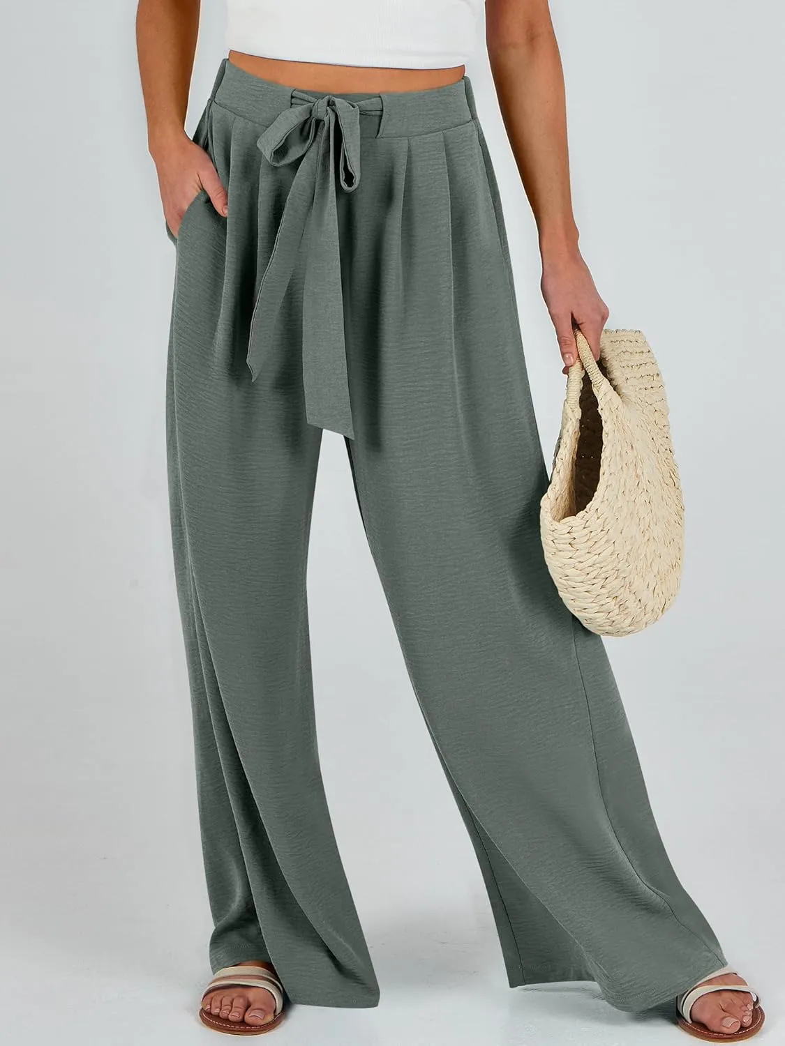 Caracilia Women Wide Leg Palazzo Pants Summer High Waist Flowy Casual Trousers Loose Lounge Beach Travel Vacation Clothes