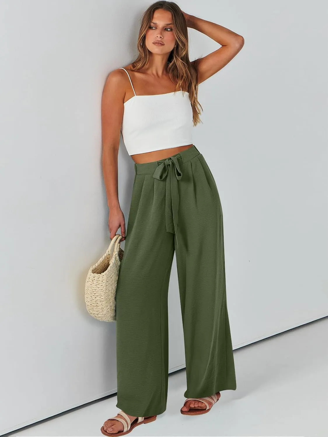 Caracilia Women Wide Leg Palazzo Pants Summer High Waist Flowy Casual Trousers Loose Lounge Beach Travel Vacation Clothes