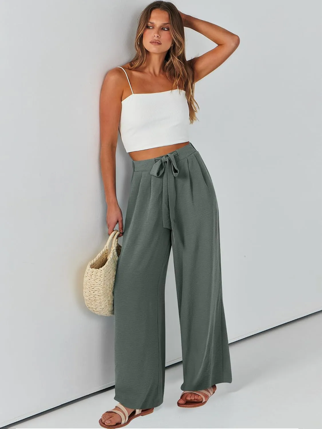 Caracilia Women Wide Leg Palazzo Pants Summer High Waist Flowy Casual Trousers Loose Lounge Beach Travel Vacation Clothes