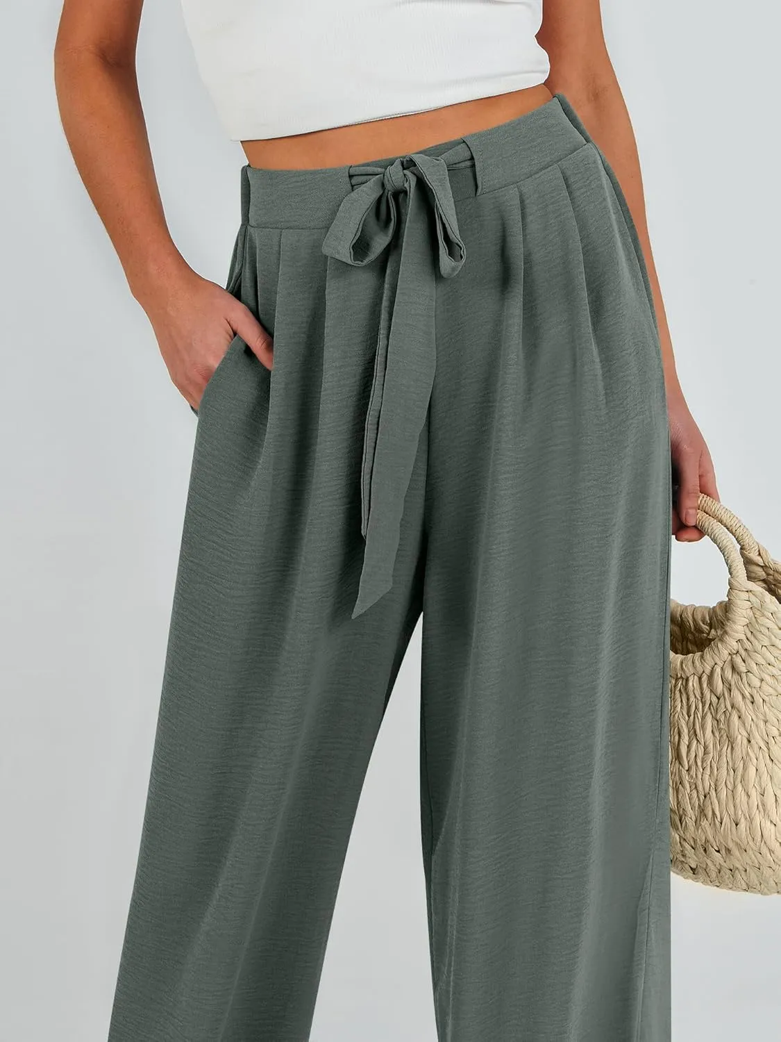 Caracilia Women Wide Leg Palazzo Pants Summer High Waist Flowy Casual Trousers Loose Lounge Beach Travel Vacation Clothes