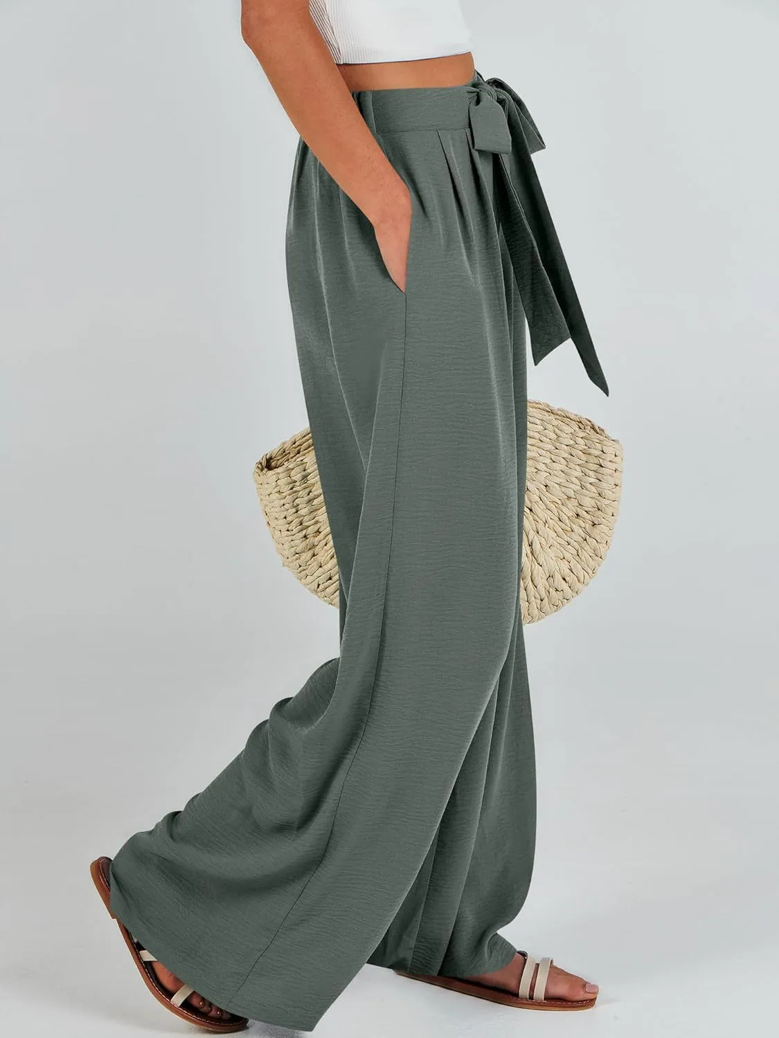 Caracilia Women Wide Leg Palazzo Pants Summer High Waist Flowy Casual Trousers Loose Lounge Beach Travel Vacation Clothes