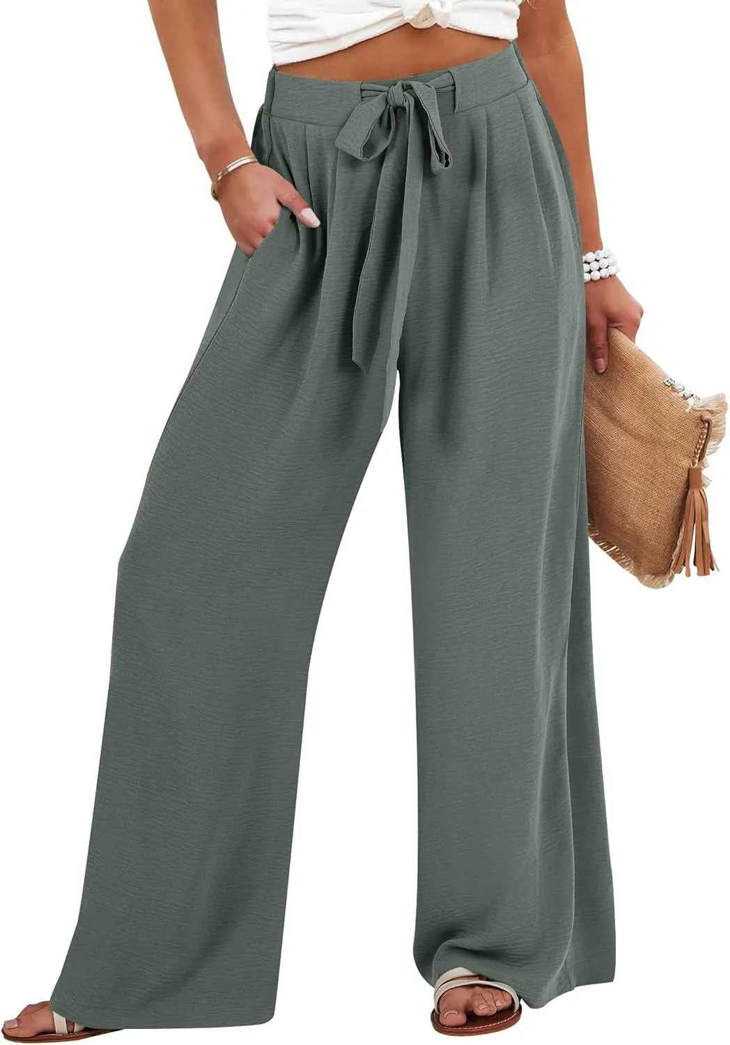 Caracilia Women Wide Leg Palazzo Pants Summer High Waist Flowy Casual Trousers Loose Lounge Beach Travel Vacation Clothes