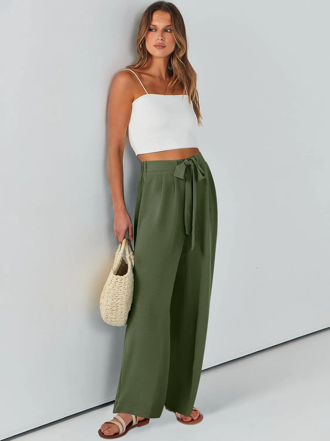 Caracilia Women Wide Leg Palazzo Pants Summer High Waist Flowy Casual Trousers Loose Lounge Beach Travel Vacation Clothes