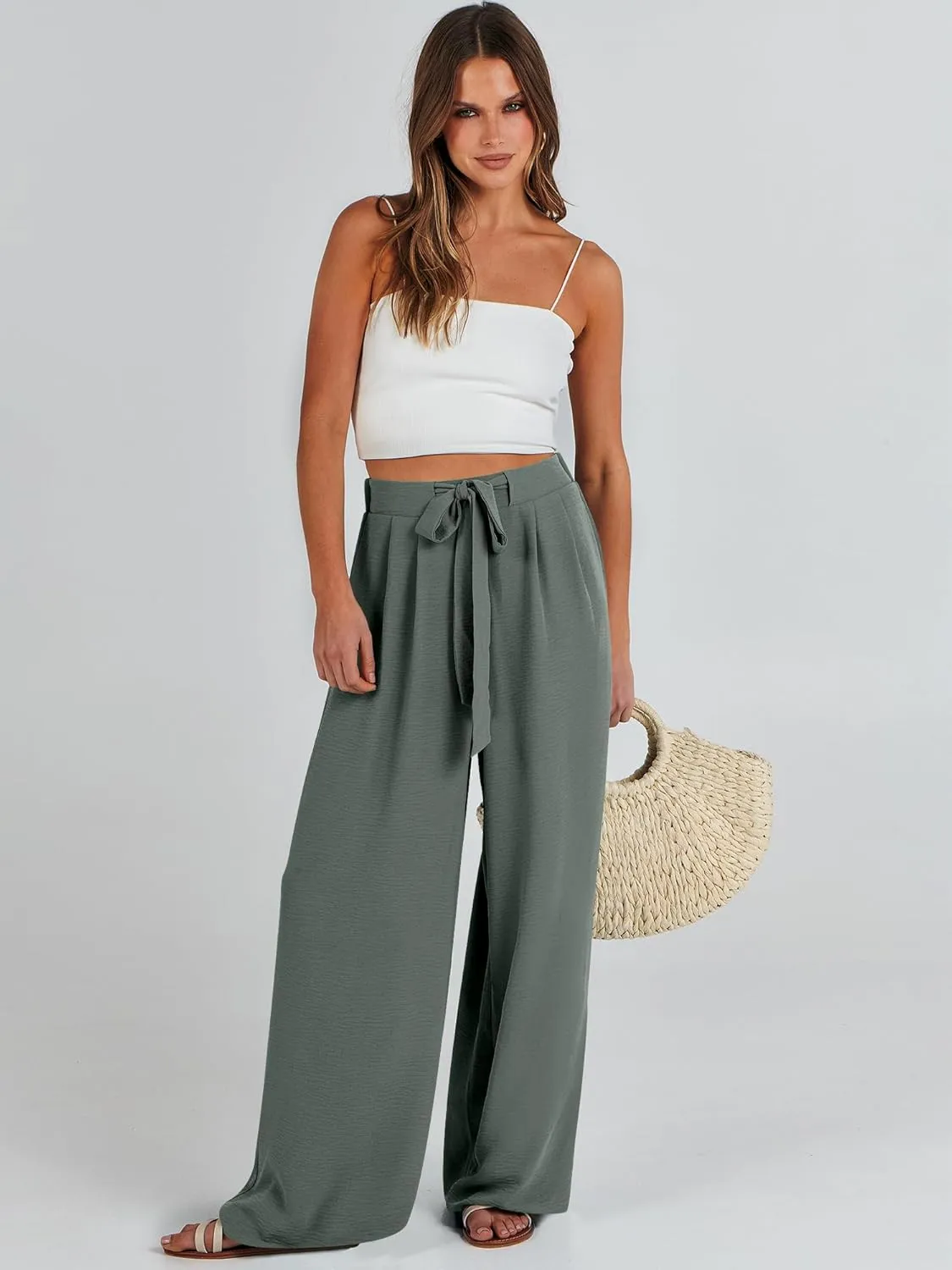 Caracilia Women Wide Leg Palazzo Pants Summer High Waist Flowy Casual Trousers Loose Lounge Beach Travel Vacation Clothes