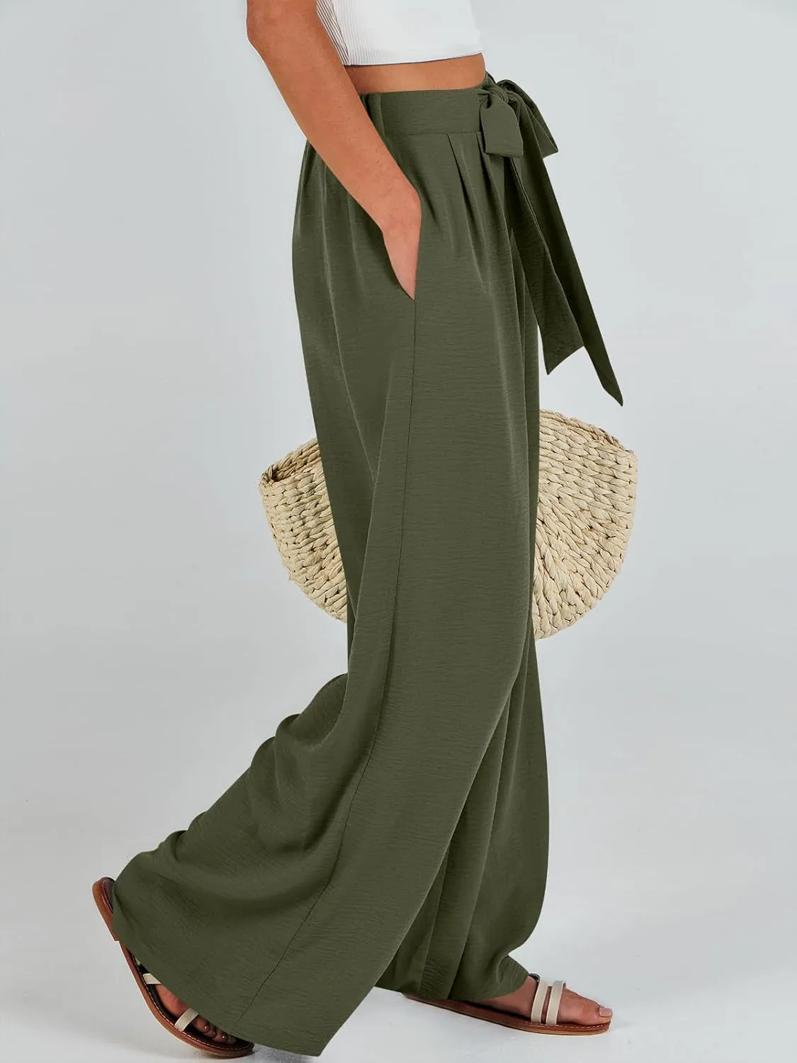 Caracilia Women Wide Leg Palazzo Pants Summer High Waist Flowy Casual Trousers Loose Lounge Beach Travel Vacation Clothes