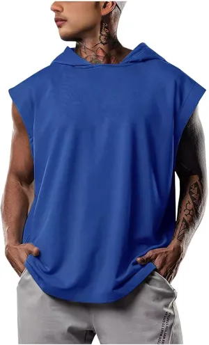 Casual Men Workout Tank Tops Cap Sleeve Hoody Shirts Muscle Fit Pullover Basic Shirt Running Active Solid Tees