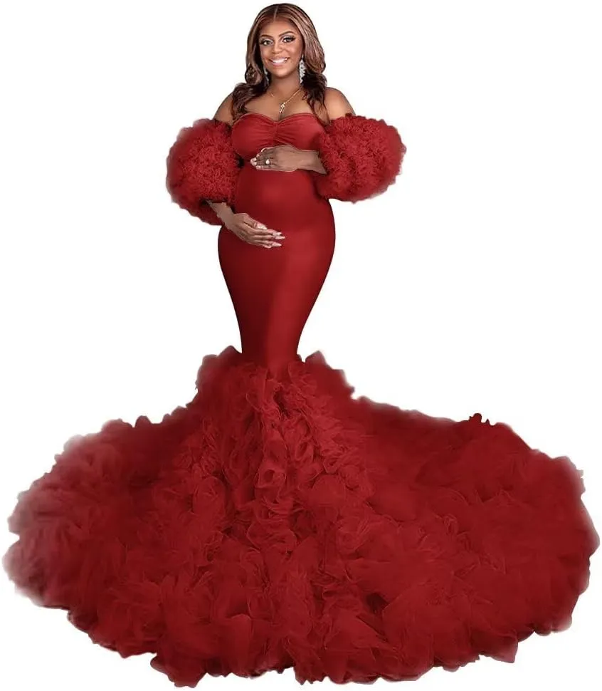 Changuan Puffy Maternity Dress for Photoshoot Tulle Bridal Robes Ruffle Mermaid Pregnancy Gowns Baby Shower Dress