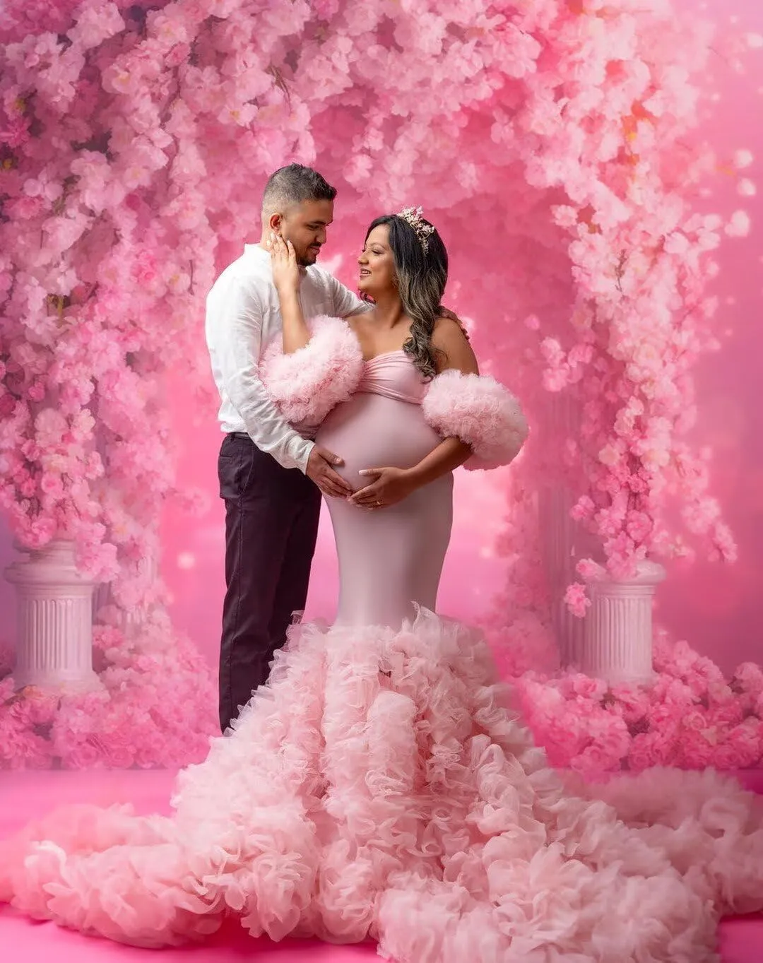 Changuan Puffy Maternity Dress for Photoshoot Tulle Bridal Robes Ruffle Mermaid Pregnancy Gowns Baby Shower Dress