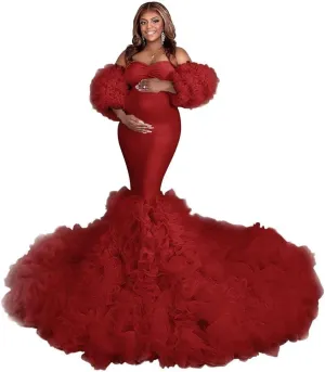 Changuan Puffy Maternity Dress for Photoshoot Tulle Bridal Robes Ruffle Mermaid Pregnancy Gowns Baby Shower Dress