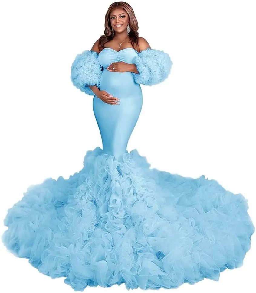 Changuan Puffy Maternity Dress for Photoshoot Tulle Bridal Robes Ruffle Mermaid Pregnancy Gowns Baby Shower Dress