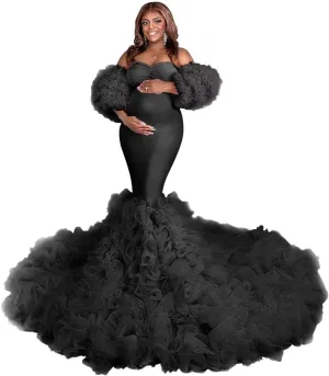 Changuan Puffy Maternity Dress for Photoshoot Tulle Bridal Robes Ruffle Mermaid Pregnancy Gowns Baby Shower Dress