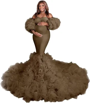 Changuan Puffy Maternity Dress for Photoshoot Tulle Bridal Robes Ruffle Mermaid Pregnancy Gowns Baby Shower Dress