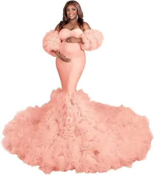 Changuan Puffy Maternity Dress for Photoshoot Tulle Bridal Robes Ruffle Mermaid Pregnancy Gowns Baby Shower Dress