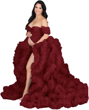Changuan Tulle Maternity Gown for Photoshoot Ruffled Off Shoulder Babyshower Bridal Lingerie Pregnancy Dress Bathgown