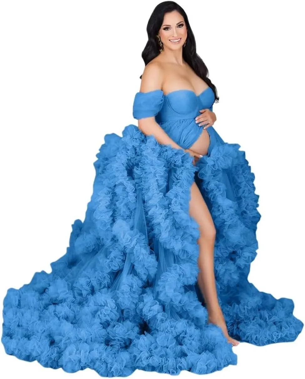 Changuan Tulle Maternity Gown for Photoshoot Ruffled Off Shoulder Babyshower Bridal Lingerie Pregnancy Dress Bathgown