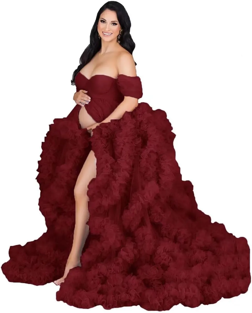 Changuan Tulle Maternity Gown for Photoshoot Ruffled Off Shoulder Babyshower Bridal Lingerie Pregnancy Dress Bathgown