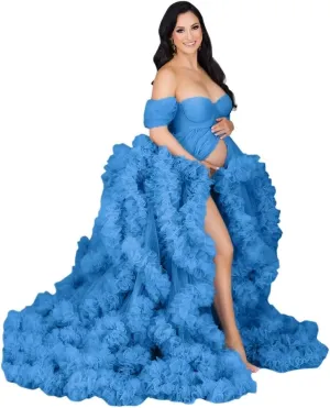 Changuan Tulle Maternity Gown for Photoshoot Ruffled Off Shoulder Babyshower Bridal Lingerie Pregnancy Dress Bathgown