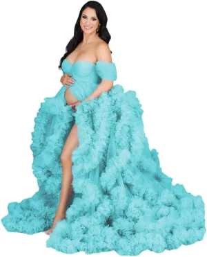 Changuan Tulle Maternity Gown for Photoshoot Ruffled Off Shoulder Babyshower Bridal Lingerie Pregnancy Dress Bathgown