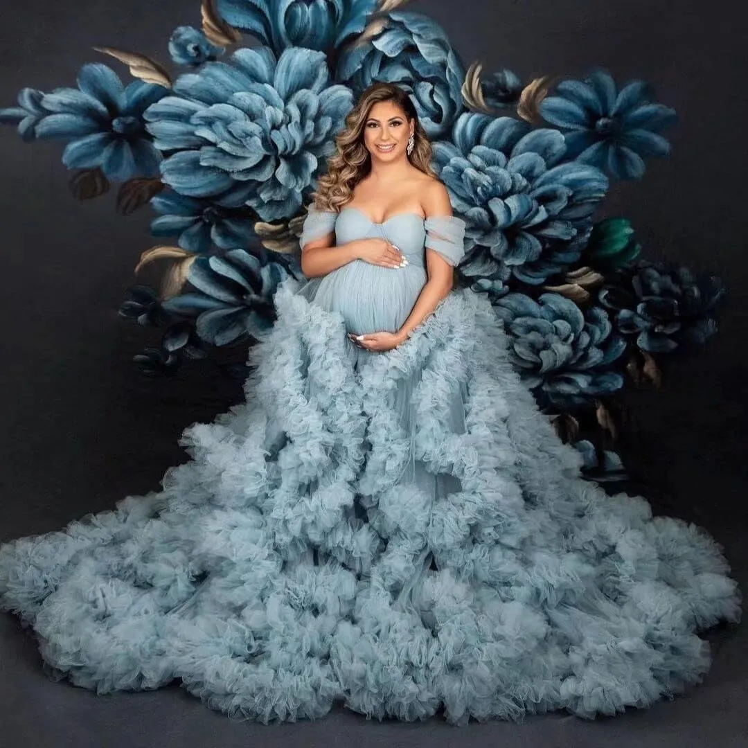 Changuan Tulle Maternity Gown for Photoshoot Ruffled Off Shoulder Babyshower Bridal Lingerie Pregnancy Dress Bathgown