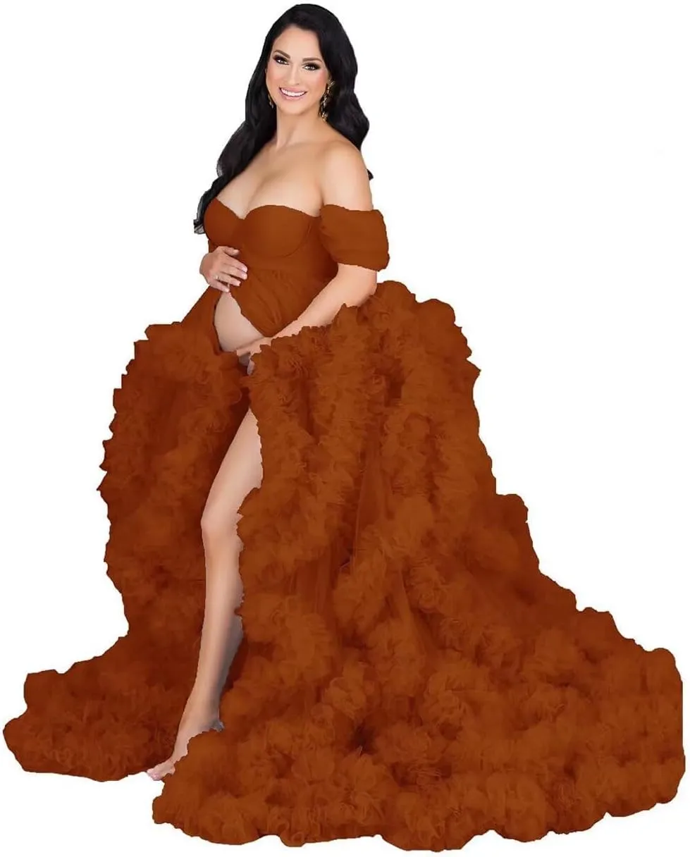 Changuan Tulle Maternity Gown for Photoshoot Ruffled Off Shoulder Babyshower Bridal Lingerie Pregnancy Dress Bathgown