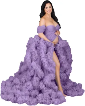 Changuan Tulle Maternity Gown for Photoshoot Ruffled Off Shoulder Babyshower Bridal Lingerie Pregnancy Dress Bathgown
