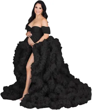 Changuan Tulle Maternity Gown for Photoshoot Ruffled Off Shoulder Babyshower Bridal Lingerie Pregnancy Dress Bathgown