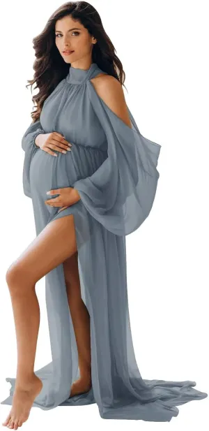 Chiffon Maternity Dresses for Photoshoot Halter Long Slit Robes for Baby Shower
