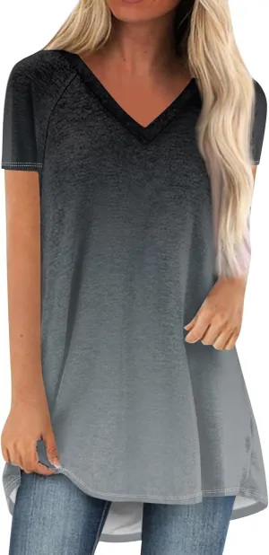 COTECRAM Women's Tops Short Sleeve Dressy Casual Plus Size Tunic Tops to Wear with Leggings V Neck T-Shirt Loose Fit Blouse