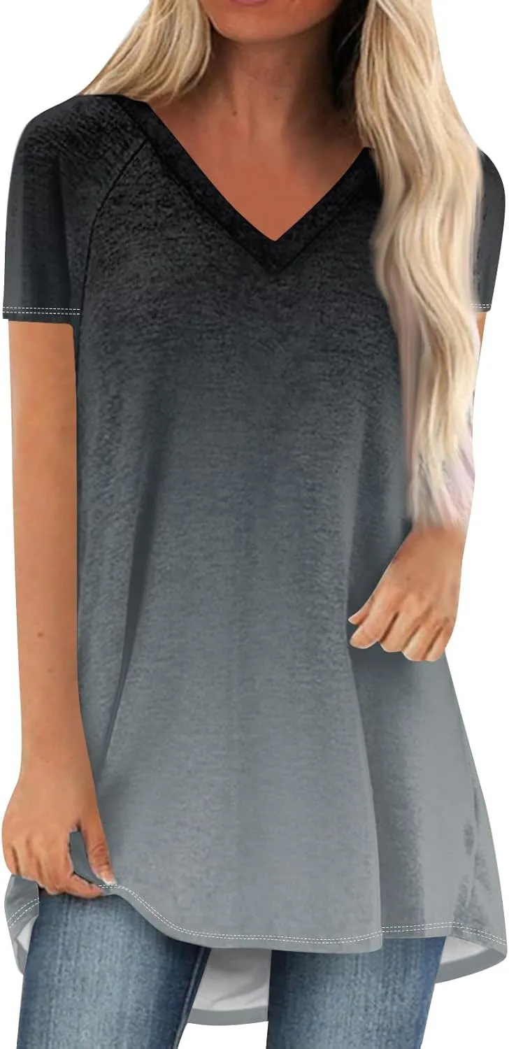 COTECRAM Women's Tops Short Sleeve Dressy Casual Plus Size Tunic Tops to Wear with Leggings V Neck T-Shirt Loose Fit Blouse