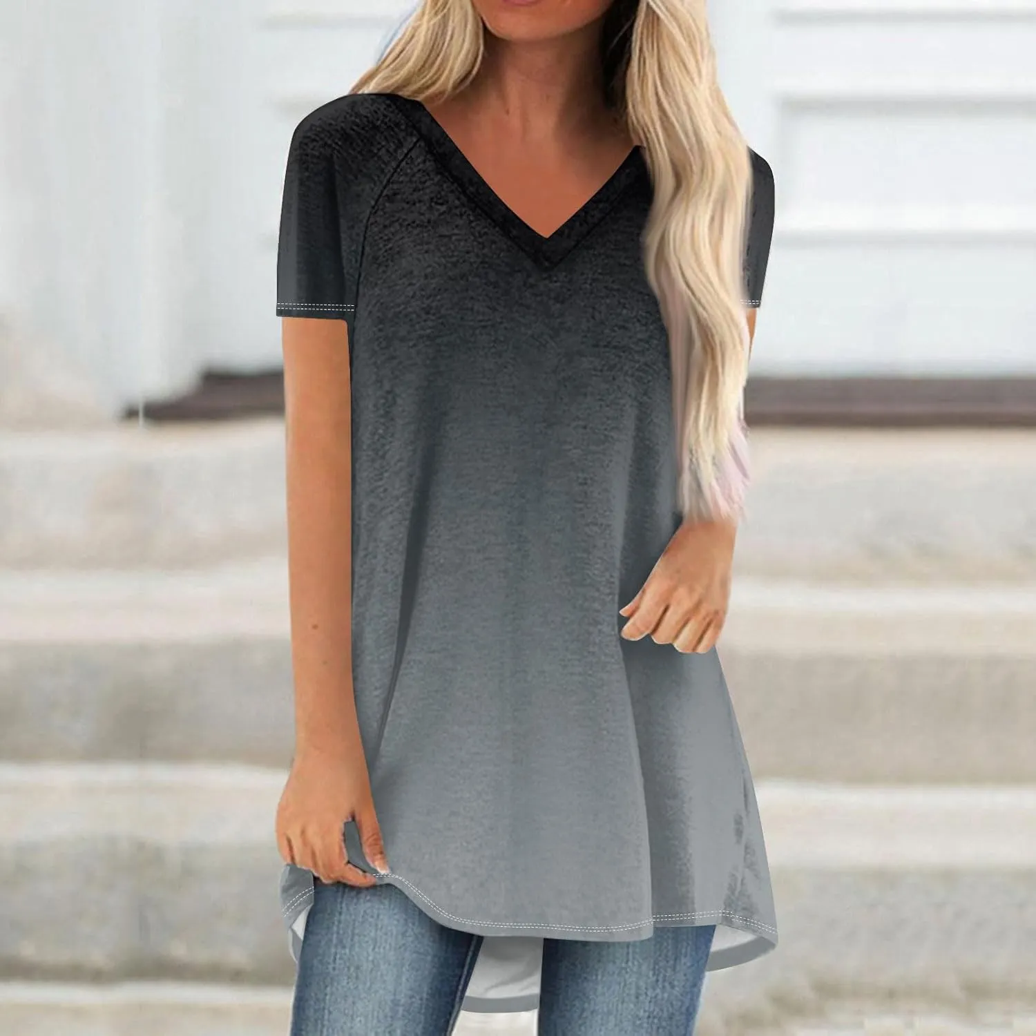 COTECRAM Women's Tops Short Sleeve Dressy Casual Plus Size Tunic Tops to Wear with Leggings V Neck T-Shirt Loose Fit Blouse