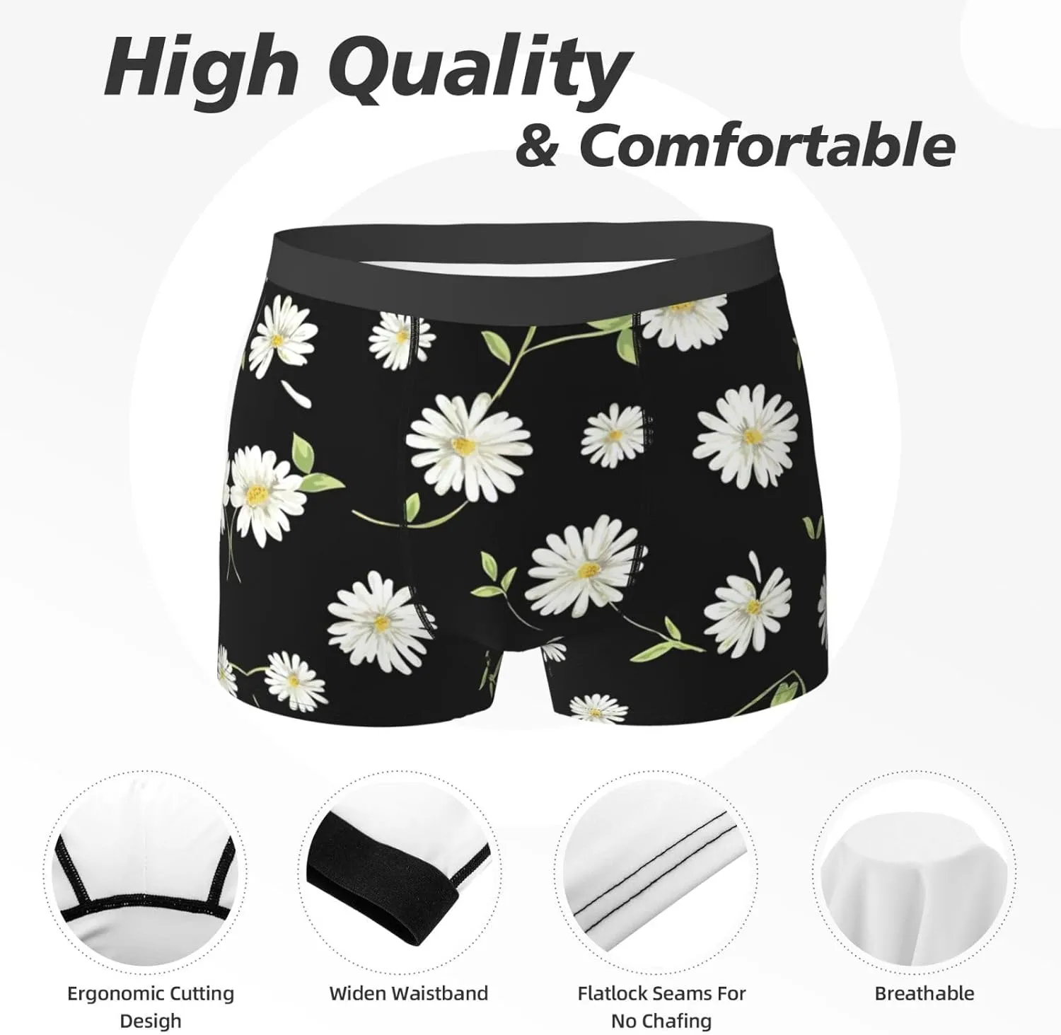 daisy Print Unique Men Boxer Briefs Breathable Stretch Underwear Briefs for Comfort Briefs