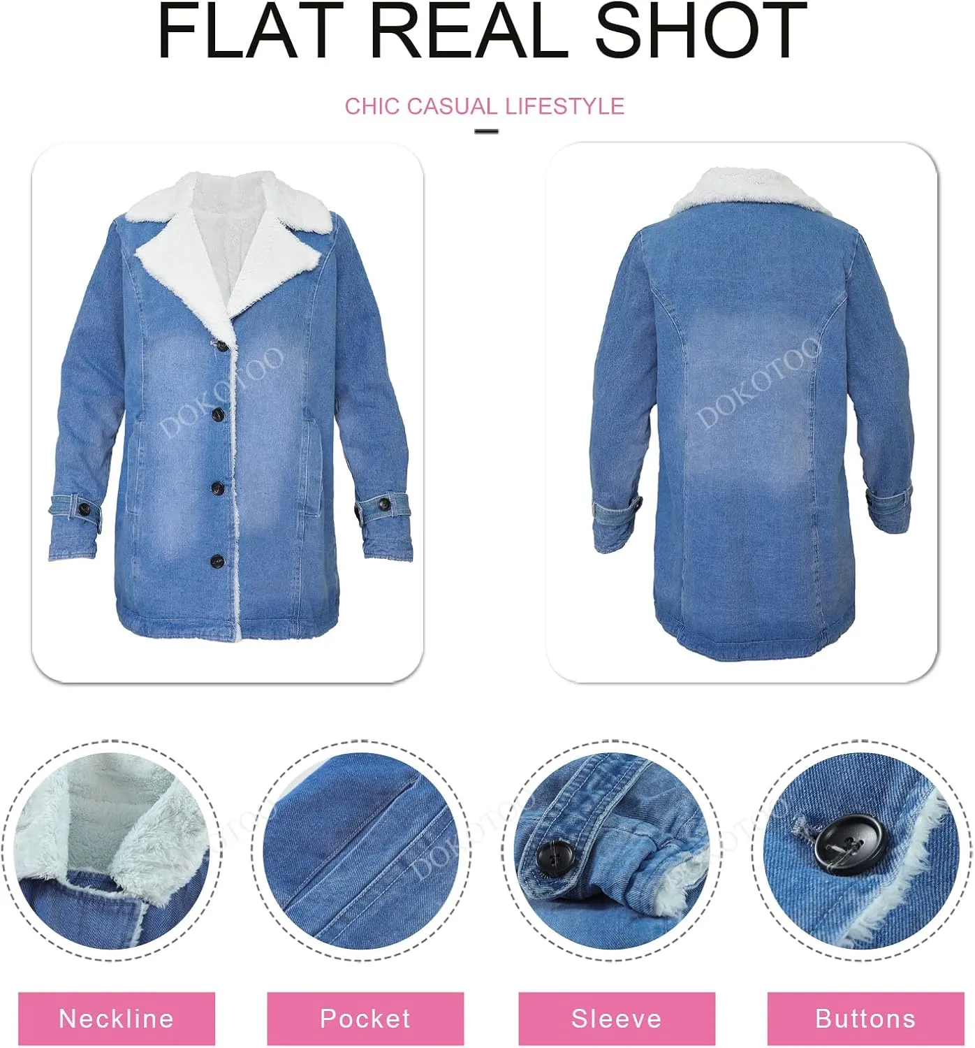 Dokotoo Womens Winter Warm Jean Jacket Stand Collar Wool Liner Sherpa Denim Coats Thicker Outerwear with Pockets