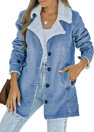 Dokotoo Womens Winter Warm Jean Jacket Stand Collar Wool Liner Sherpa Denim Coats Thicker Outerwear with Pockets