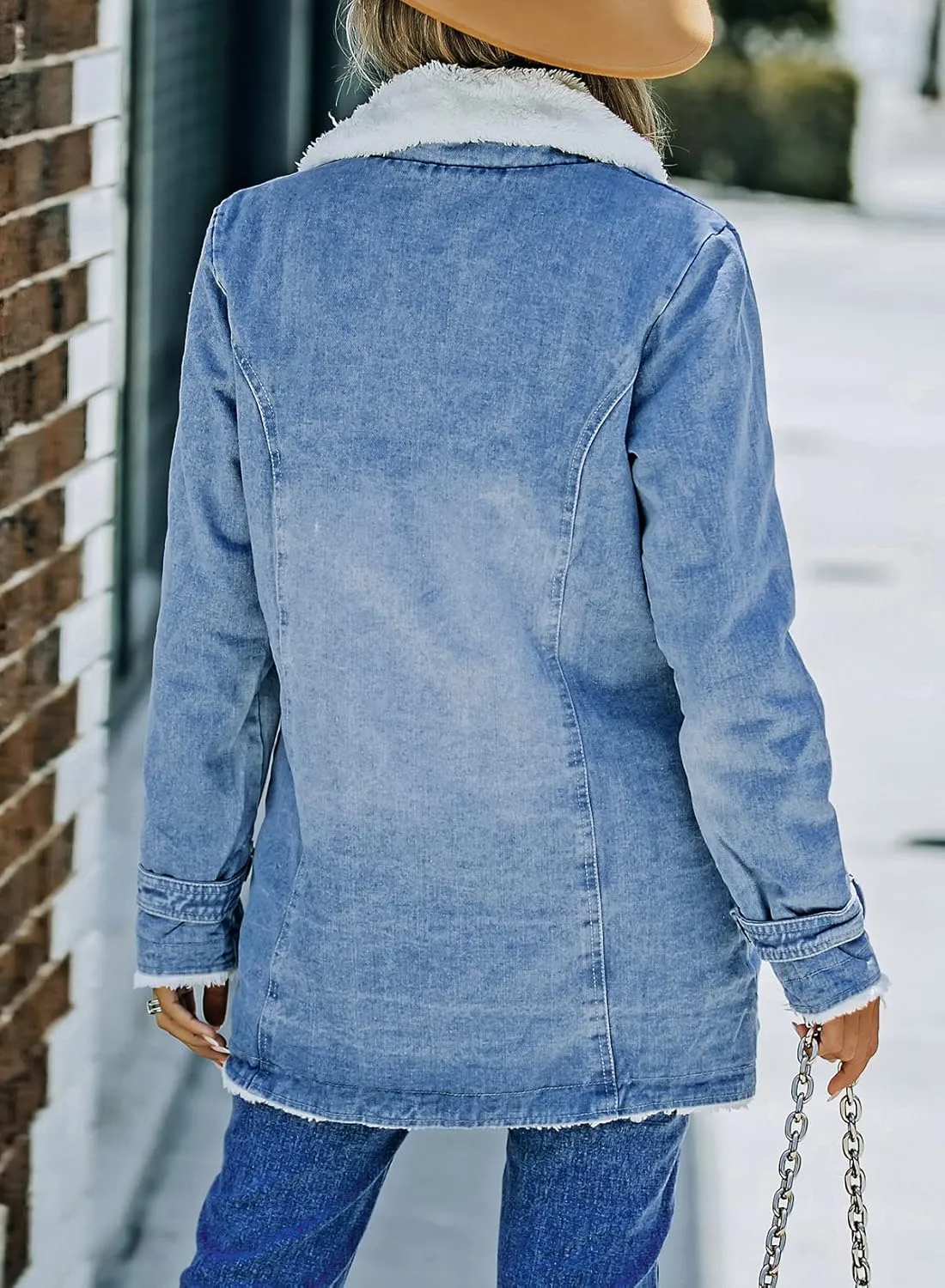 Dokotoo Womens Winter Warm Jean Jacket Stand Collar Wool Liner Sherpa Denim Coats Thicker Outerwear with Pockets