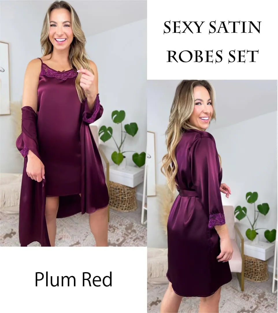 Ekouaer Sleepwear Women's Satin Nightgown with Robes Set 2 Piece Sexy Lace Cami Nightwear