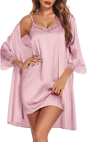 Ekouaer Sleepwear Women's Satin Nightgown with Robes Set 2 Piece Sexy Lace Cami Nightwear