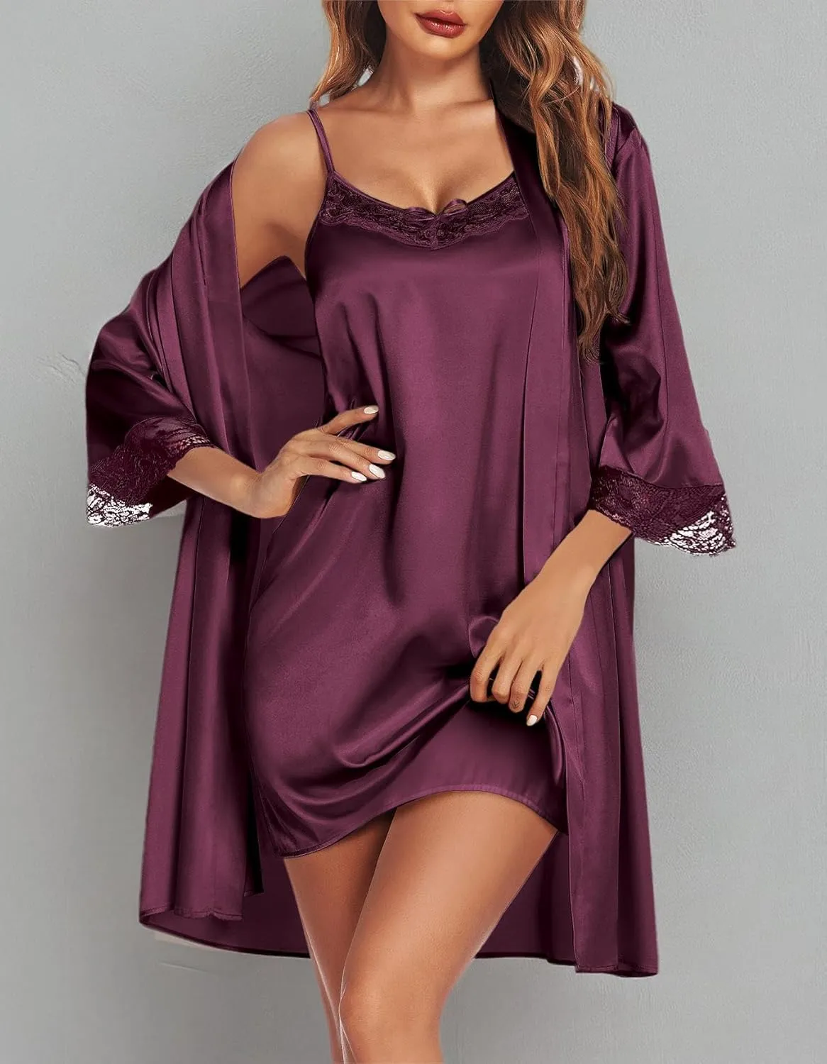 Ekouaer Sleepwear Women's Satin Nightgown with Robes Set 2 Piece Sexy Lace Cami Nightwear